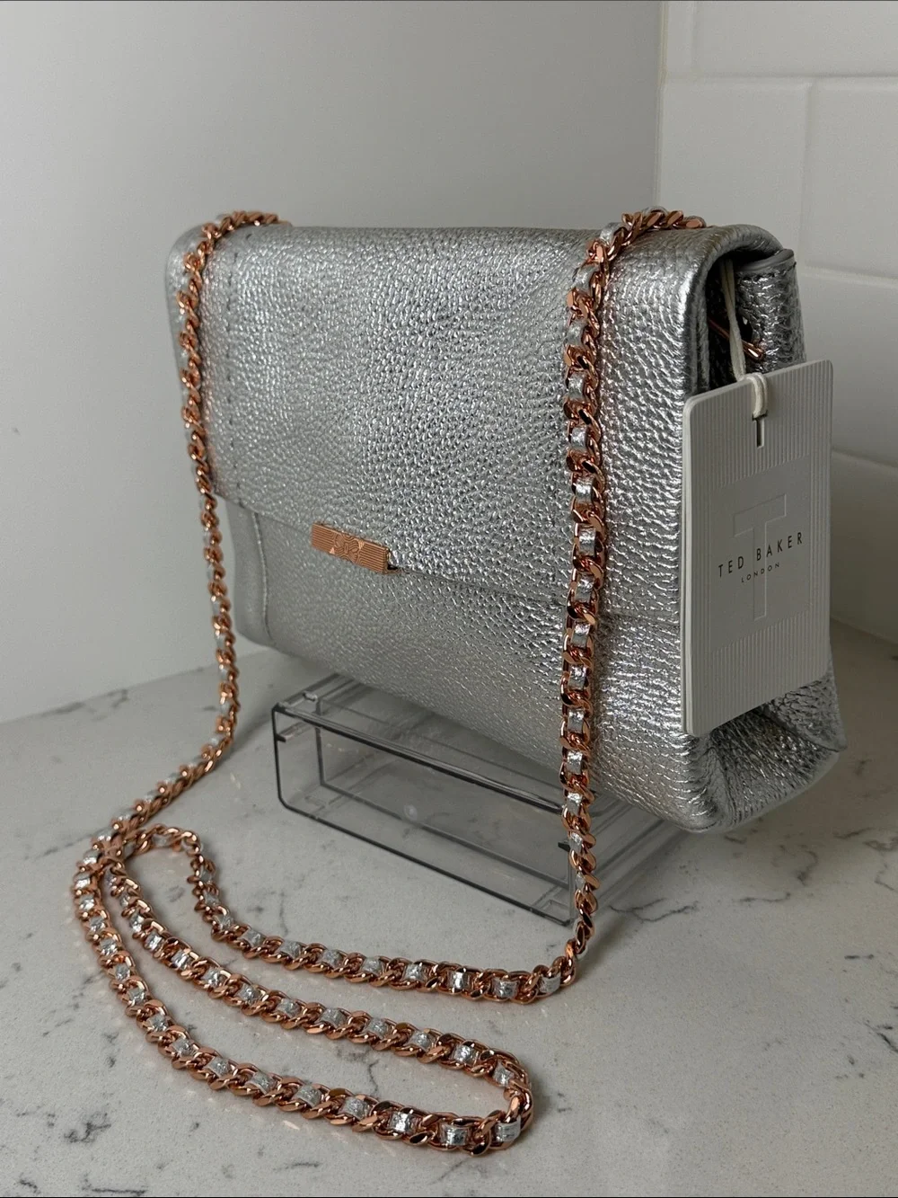 NWT Ted Baker London Parson Pebbled Metallic Silver Leather Crossbody Bag